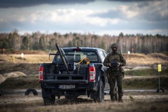 US and NATO troops practice drone-on-drone combat using a pickup truck