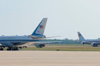 Trump flies old Air Force One out of Turkey, switches to new jet in Britain for trip home